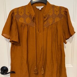 Nanette Lepore Rust Tie-Front Eyelet Yoke Blouse